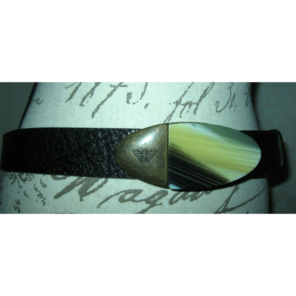 Vtg Emporio Armani black leather belt with oval gold tone metal & stone buckle